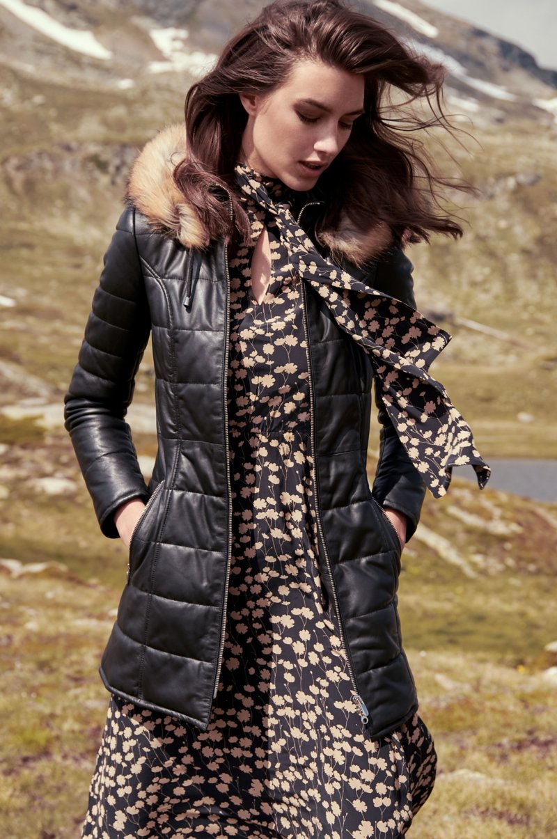 Maria Lambskin Leather Coat with Fur Trim and Detachable Hood