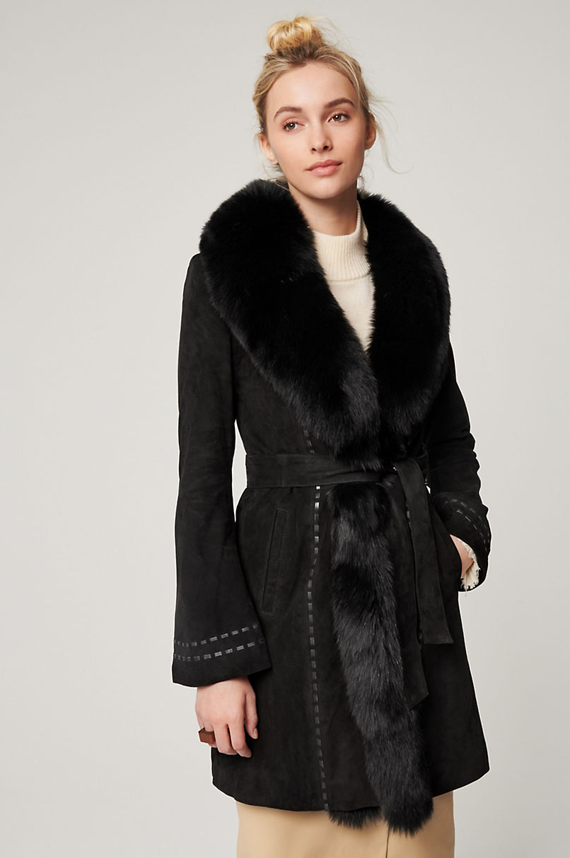 Felicity Lambskin Suede Leather Coat with Fur Trim | Overland