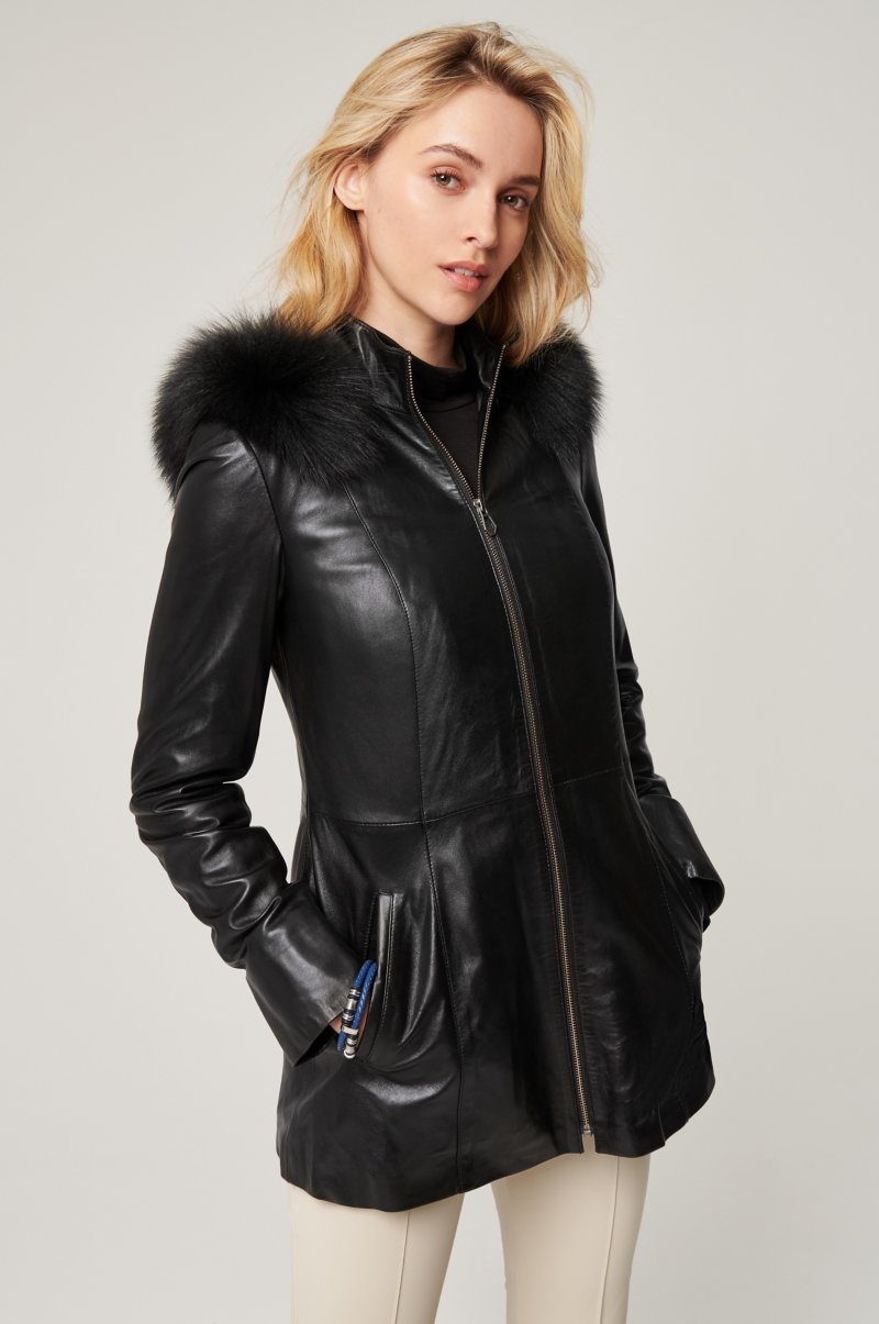 leather coat with fur collar