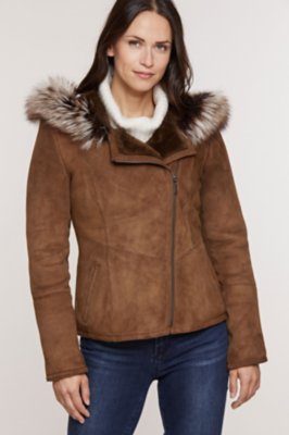 Elle Hooded Shearling Sheepskin Jacket with Fox Fur Trim | Overland
