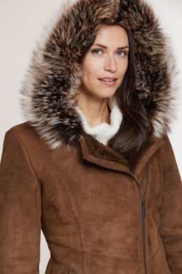 Elle Hooded Shearling Sheepskin Jacket with Fox Fur Trim | Overland