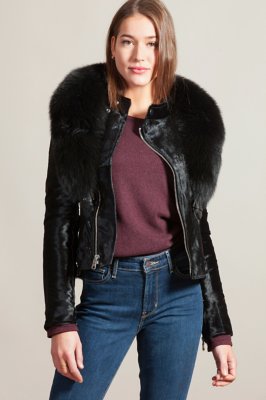 Starr Calfskin Leather Moto Jacket with Detachable Fox Fur Collar