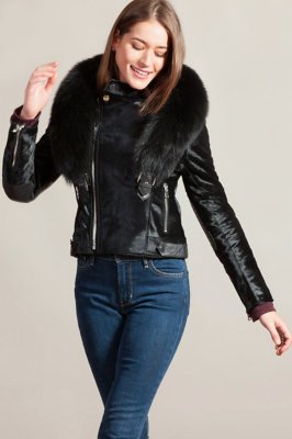 Starr Calfskin Leather Moto Jacket with Detachable Fox Fur Collar