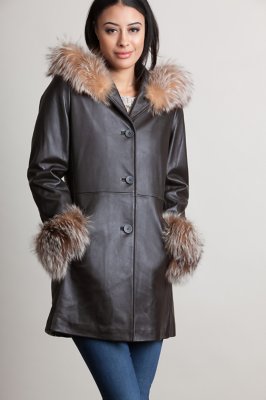 Monroe Hooded Lambskin Leather Coat with Silver Fox Fur Trim | Overland