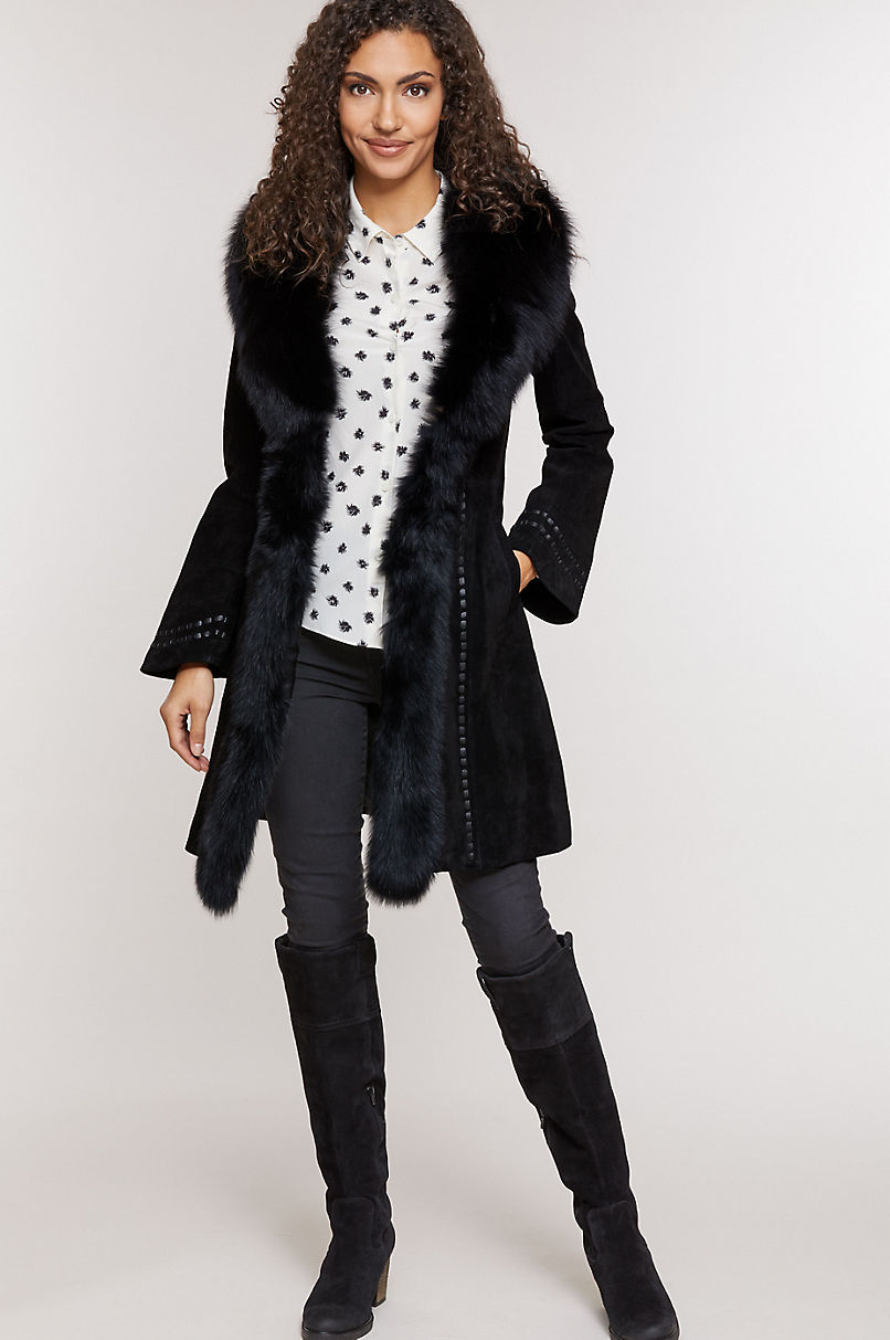 Felicity Suede Leather Coat with Fox Fur Trim | Overland