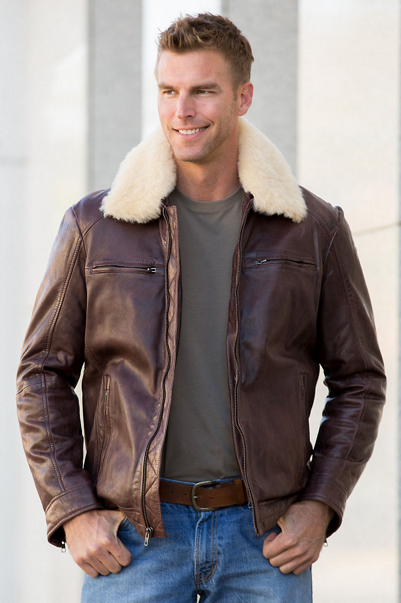 James Lambskin Leather Bomber Jacket with Removable Shearling Collar ...