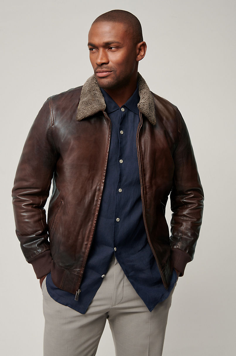 Oakley Lambskin Leather Bomber Jacket with Shearling Collar | Overland