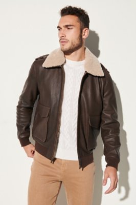 Curtis Distressed Leather A-2 Bomber Jacket with Shearling Collar