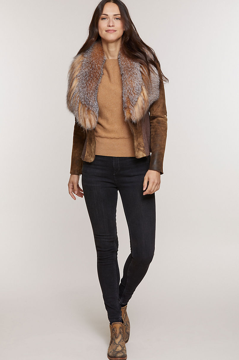 Savannah Distressed Lambskin Leather Jacket with Fox Fur Trim and Goat ...