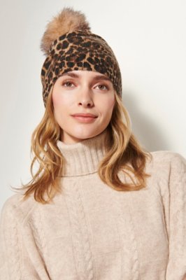 Women's LeopardPrint Knit Cashmere Beanie Hat with Fox Fur Pom Overland