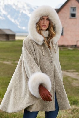 Skye Hooded Alpaca Wool Cape with Fox Fur Trim Overland