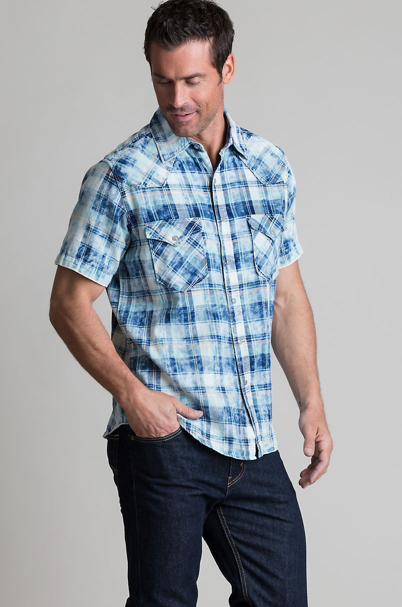 Ryan Michael Dobby Indigo Plaid Nickel Thunderbird Snaps Western Style Shirt