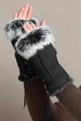 Women's Sheepskin Fingerless Gloves with Rabbit Fur Trim Overland